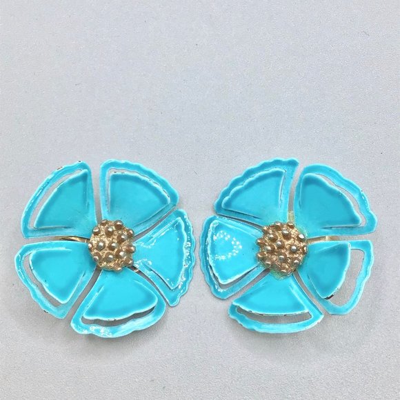 Teal Blue Enamel Flowers Earrings Clip On Flower Power 70s Fun Colorful Jewelry - Picture 2 of 9